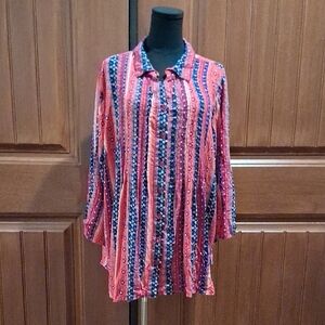 Woman Within Pleated Print Button Up. Size 1x